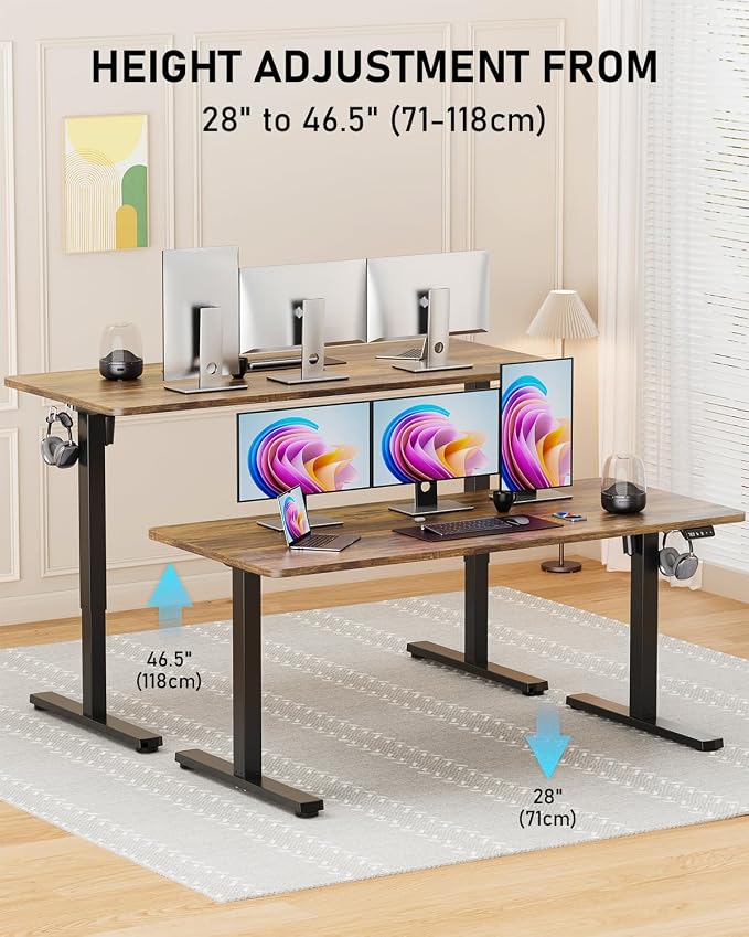 55" Electric Standing Desk Adjustable Height, Sit Stand up Desk for Home Office & Computer Workstation, 2 Memory Height Settings, Splice Board, 2 Hooks, Black Frame/Rustic Brown Top