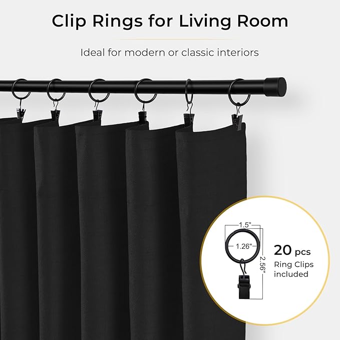INOVADAY 100% Blackout Curtains for Bedroom, Black Out Curtains 90 Inch Long, Clip Rings Linen Blackout Drapes, Thermal Insulated Room Darkening for Living Room, 1 Panel - Black,W102xL90