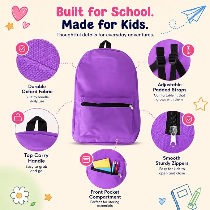 PJT 12 Pack Backpacks for Kids,17" Assorted Colors Bulk Back Packs,Bookbags Durable Lightweight for Back to School Supplies Boys & Girls