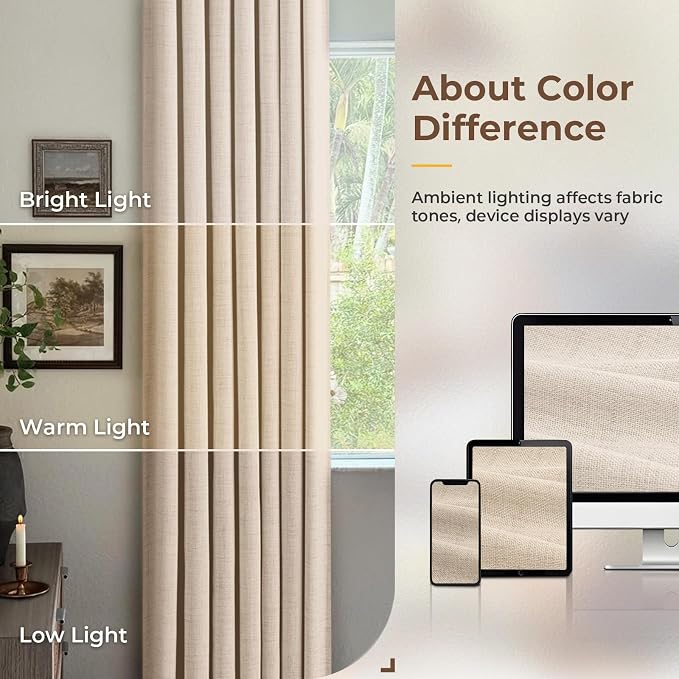 INOVADAY 100% Blackout Curtains for Bedroom, Oatmeal Black Out Curtains 102 Inch Long, Clip Rings Linen Blackout Drapes, Thermal Insulated Room Darkening for Living Room, 2 Panels - W50xL102