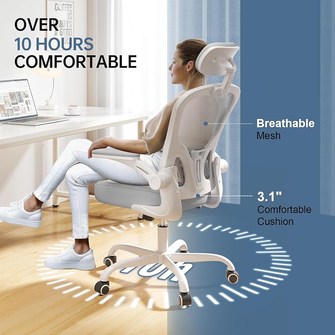 Office Chair Ergonomic Desk Chair, 330LBS Capacity, High Back Computer Chair for Long Hours Comfortable, Rolling Swivel Executive Task Chair for Home Office with Flip-up Armrests,White Grey