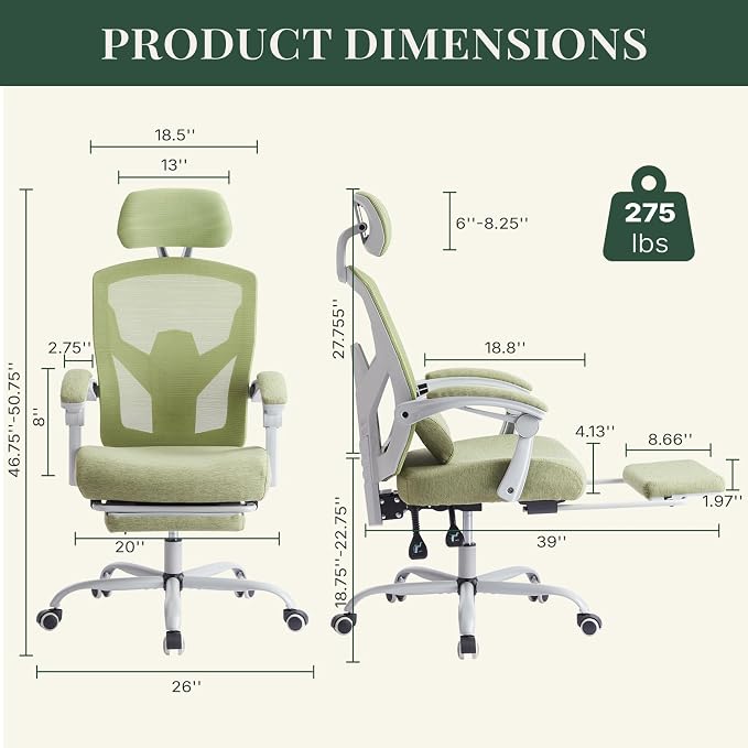 Ergonomic Office Chair with Footrest, High Back Home Desk Chair with Lumbar Support & Headrest, 90-135° Reclining Mesh Back Computer Chair with Wheels for Work, Gaming, Green