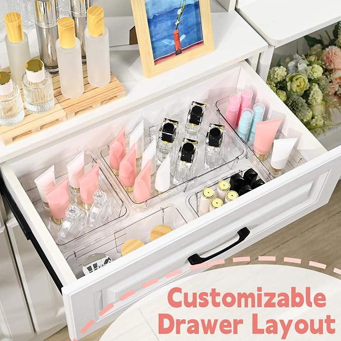 15 Pcs Extendable Clear Drawer Organizer, All Adjustable Vanity Storage Box, 2-Size Desk Drawer Organizer, Acrylic Storage Bins for Makeup, Cosmetic, Bedroom Dressers Tool Organizer for Gadgets