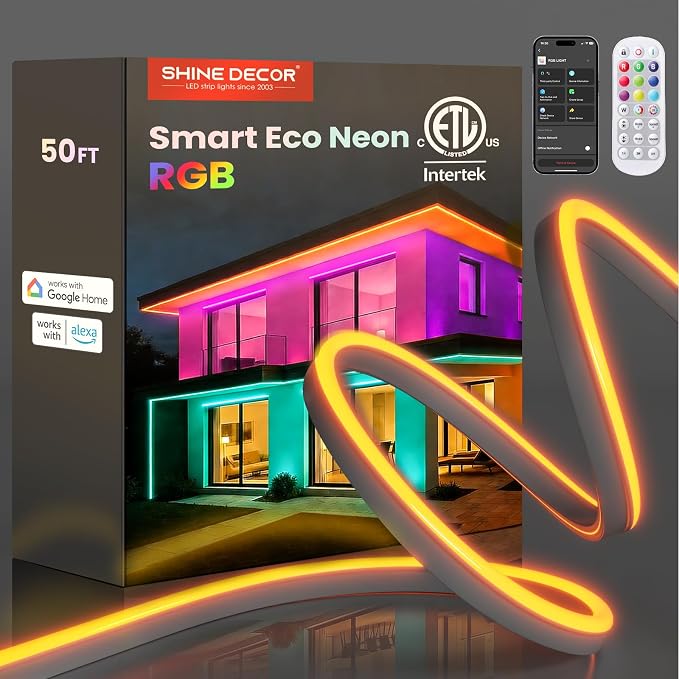 Shine Decor Smart LED RGB Neon Rope Lights AC 120V, ETL Expandable Color Changing Dimmable with Remote Compatible with Alexa, Google Assistant, Cold-Resistant & IP65 Waterproof, 8x16 mm, 50FT