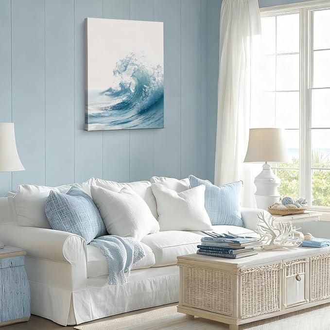 Coastal Ocean Wave Wall Art Decor Beach Sea Wave Painting Picture Artwork Blue Ocean Wall Decor for Home Beach Room Bedroom 8x10 Canvas Framed