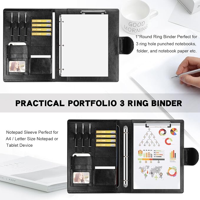 Toplive Portfolio 3 Ring Binder Padfolio Folder, Business Interview Resume Portfolio for Women Men A4/Letter Size Document Organizer with Clipboard Receipt Sleeve Card Holder, Black