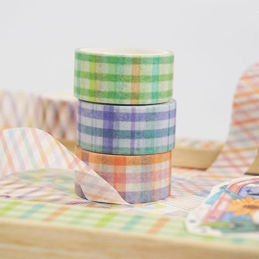 Basic Grid Washi Tape Set 12 Rolls Plaid Decorative Masking Tapes for Arts, DIY Crafts, Journals, Planners, Scrapbook, Wrapping (Colored)