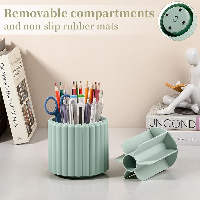 360° Rotating Pen Holder for Desk Removable Pencil Organizer, Green | 7 Slots Pen Cup Cute Office Supplies and Accessories Plastic Desktop Storage Box Art Caddy for School, Work, Home
