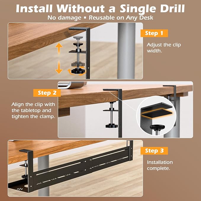 Under Desk Cable Management Tray - 18-29in Retractable Iron Cord Organizer, No-Drill Installation with Anti-Slip Pads, Desk Cable Tray for Office, Gaming,Standing Desks(Black)