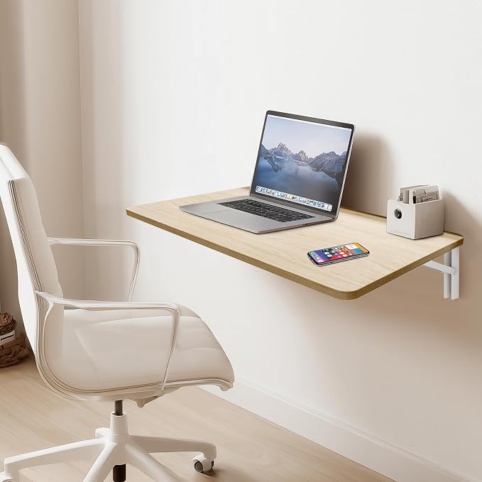 Natural Wood Wall Mounted Folding Table 31.5"x19.7" Fold Down Wooden Wall Desk, Floating Table for Kitchen, Laundry, or Home Office