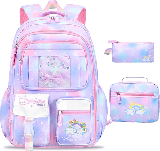 3PCS SET kids backpacks for girls, bookbag for girls backpack with lunch box Pencil Pouch Set back to school supplies for Kid, school backpack for girl Elementary School Student(PURPLE)