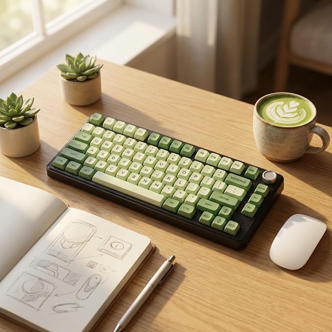 123 Keys PBT Dye Sublimation Keycaps, Matcha Green Cute Plant Theme Keycap Set, XDA Profile Custom Keycaps for Mechanical Keyboard 60% 65% 75% 100% Cherry MX Switches