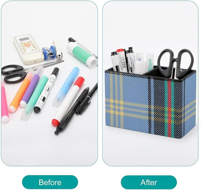 BELL OF THE BORDERS TARTAN PU Leather Pen Holder Desk Organizer, 2-Compartment Pencil Container for Office, Home, Vanity Use