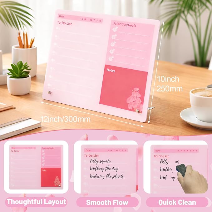 LeMotech Desktop Acrylic Dry Erase Board, 12x10 inches to-Do List Planner, Tabletop Whiteboard with Stand Office Supplies Includes 2 Markers & 1 Eraser,Pink Rose Pattern, 2 Pack