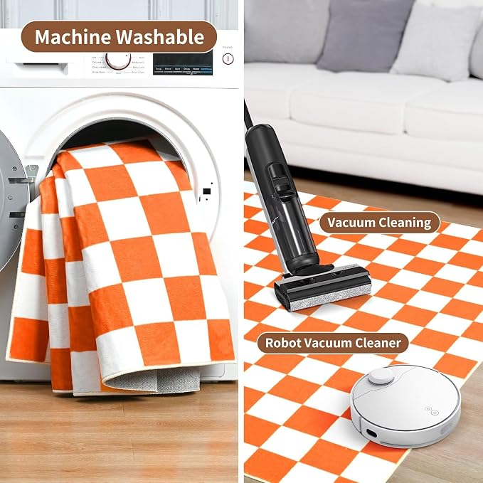 Terrug Orange and White Checkered Rug for Bedroom,3x5 Area Rugs Washable with Non Slip for Living Room,Soft Low Pile Stain Resistance Retro Carpet for Dorm Kids Room
