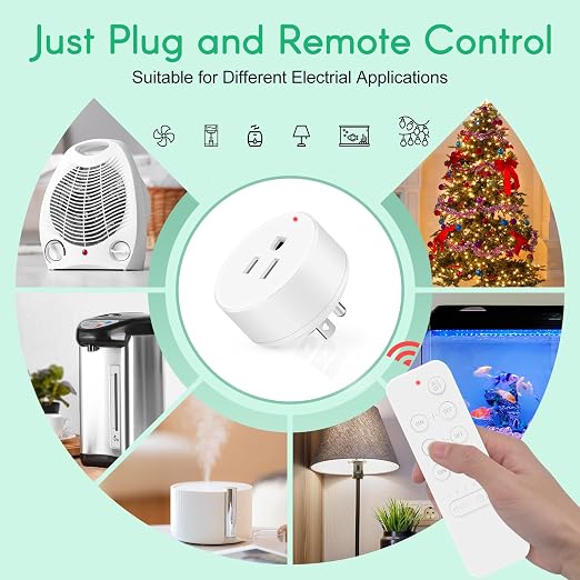 NineLeaf Remote Timer Outlet, Wireless Remote Control Plug Programmable, 500FT Long Range, 15A/1500W Plug in Light Switch, No Wiring Needed for Lamps, Fans, Christmas Lights,1Remote 6Outlets