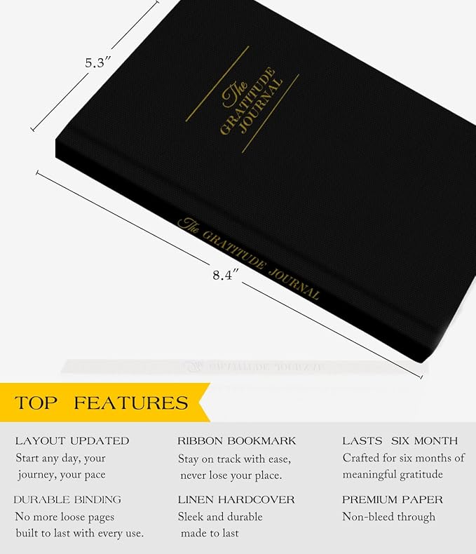 The Original Gratitude Journal with Inspiring Prompts & Quotes for Mindfulness, Reflection & Personal Growth - Daily Wellness Journal for Men & Women - Luxurious Linen Black Cover