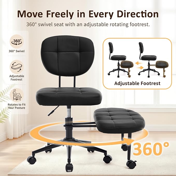 Criss Cross Chair Armless Office Chair for Cross Legged Sitting, 300lb Heavy Duty Ergonomic Desk Chair for ADHD, Adjustable Meditation Yoga Kneeling Chair with Brake Wheels for Home Office (Black)