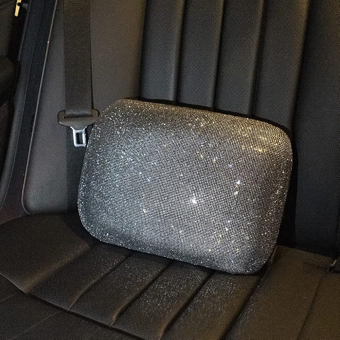 Carwales Lumbar Support Pillow Summer Decorative for Car Soft Bling Accessories Sparkly Diamond Rhinestone for Women Girls, Universal Office Chair Lower Back Cushion Rubber Black