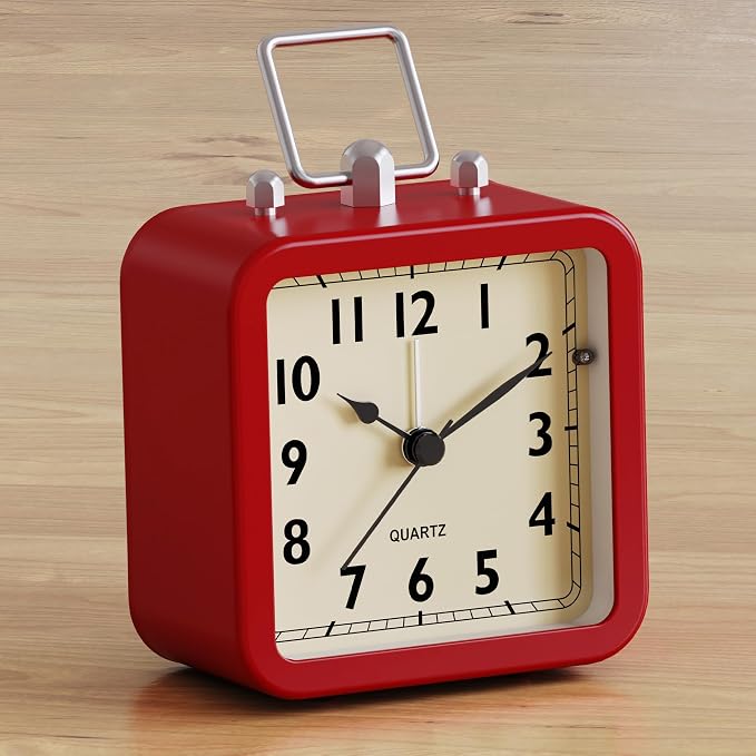 AYRELY® Small Metal Alarm Clock, Desk and Table Clock for Travel | Battery Operated Retro Silent Clock with Light for Bedroom, Bedside, Shelf and Living Room Decor (Matte Red)