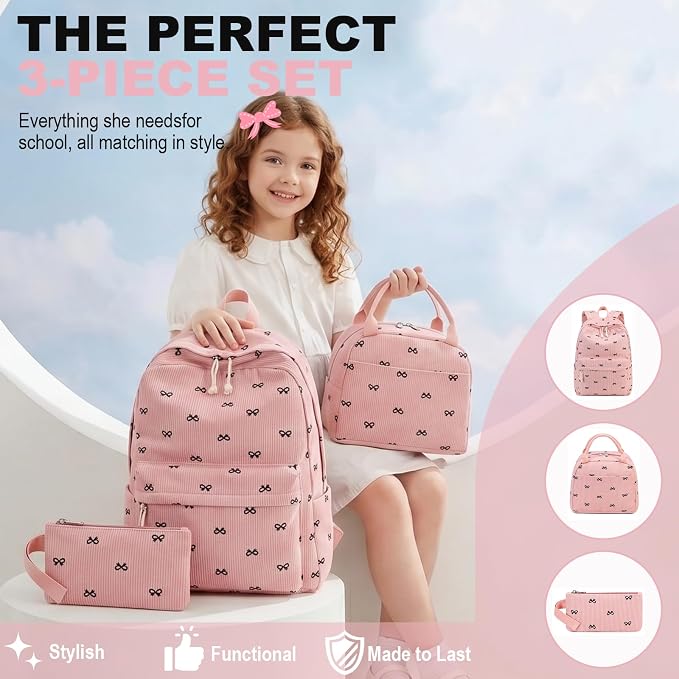 LEDAOU Kids Backpack for Girls Backpacks with Lunch Box, Lightweight Bookbag Set Elementary Middle School Back pack for 8-14