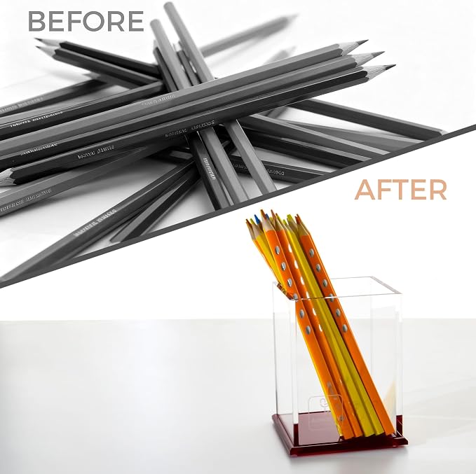 Red Acrylic Pencil Pen Holder Cup, Desk Accessories Holder,Makeup Brush Storage Organizer, Modern Design Desktop Stationery Organizer for Office School Home Supplies, 3.1x 3.1x 4.3 inch