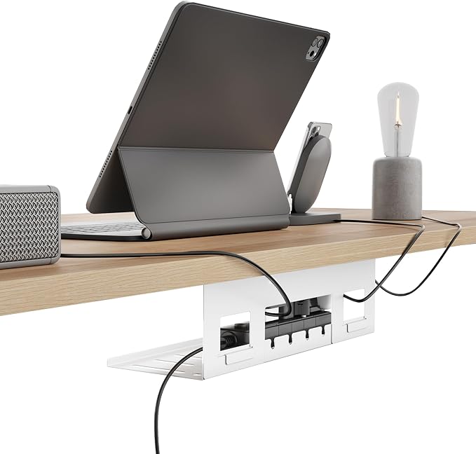 Under Desk Cable Management Tray, 15.7'' Screw-Mount Steel Rack | Metal Cord Organizer for Power Strips, Chargers, Reversible Installation, Effortless Wire Management for Home Office, White