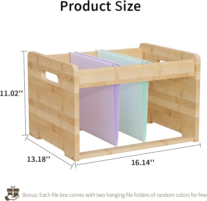 Bamboo Hanging File Organizer, Desktop File Box, Open Top, 1 Pack, Natural | Open-Top Access, 2 Hanging Folders Included, Letter & Legal Files, Sliding Rails, Reinforced Handles, Easy Assembly