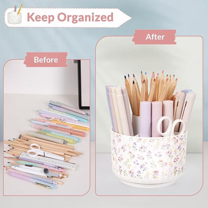 SKYDUE Rotating Pencil Pen Holder for Desk, Pencil Cup with 5 Slots | 360 Degree Rotating Desk Organizer, Desk Decor for Office, School, Home