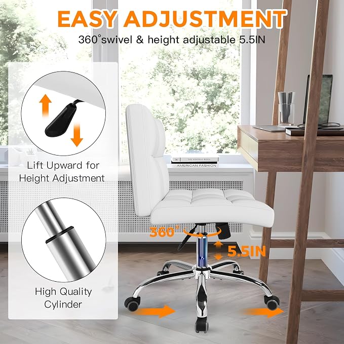 White Office Chair with Wheels - 360° Swivel Armless Back Support，Comfortable Pu Adjustable Rolling Desk Chairs for Office，Home，Vanity，Bedroom，Big Space(Widened White)