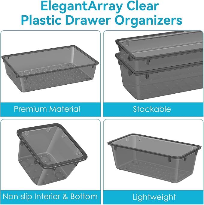ElegantArray 12-Piece Drawer Organizer Set, 4 Sizes Versatile Plastic Vanity Organizer for Makeup, Stationery, Gadgets, in Kitchen, Bathroom, Office, and Bedroom, Black
