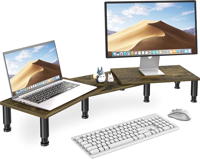 AX WABER Dual Monitor Stand Riser, Monitor Stand with Adjustable Length and Angle, Wood Monitor Stand for Desk, Monitor Riser for 2 Monitors with Storage Space