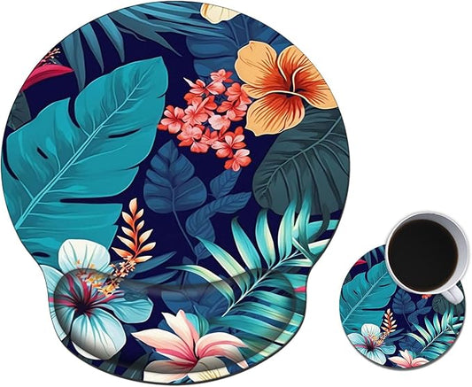 Mouse Pad with Wrist Support Gel, Ergonomic Mouse Pad with Comfortable Wrist Rest, Gaming Mousepad Non-Slip PU Base for Laptop Office Easy Typing & Pain Relief,Tropical Palm Leaves
