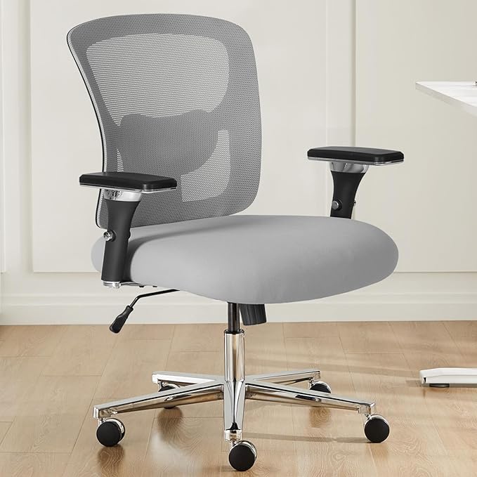 DUMOS Big and Tall Office Desk Chair with Lumbar Support, 500lbs Heavy Duty Mesh Ergonomic Computer Chair with 4D Armrest and Wide Comfy Seat, Swivel Wheels for Adult, Grey