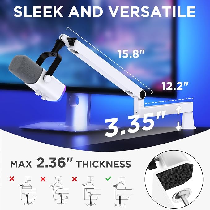 InnoGear 2026 Upgraded Microphone Boom Arm, Magnetic Cable Management Low Profile Mic Stand 360° Rotatable Desk Mount for Fifine AM8 K669B Blue Yeti HyperX QuadCast SoloCast AT2020, White