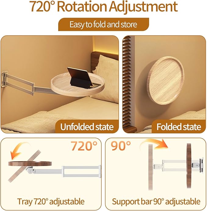 Wall Mounted Folding Round Table,11Inch Small Foldable Retractable Wooden Coffee Table Tray Fold Down Wall Desk Flip-Out Design Nightstand for Bedroom Living Room Balcony (Natural)