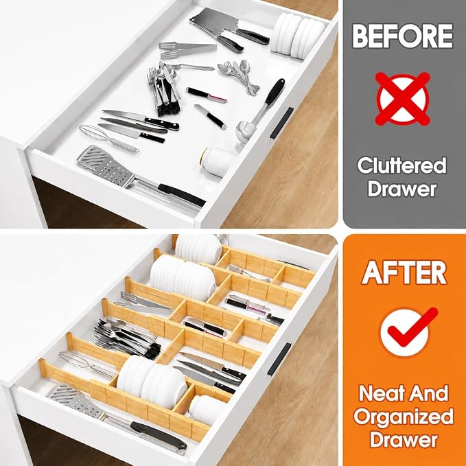 Expandable and Adjustable Bamboo Drawer Dividers with 12 Inserts, Kitchen Drawer Organizer