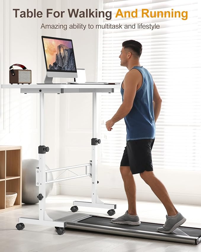 Small Standing Desk Adjustable Height, Mobile Stand Up Desk with Wheels, 32 Inch Portable Rolling Desks Conference Room Tables for Walking Pad Treadmill White