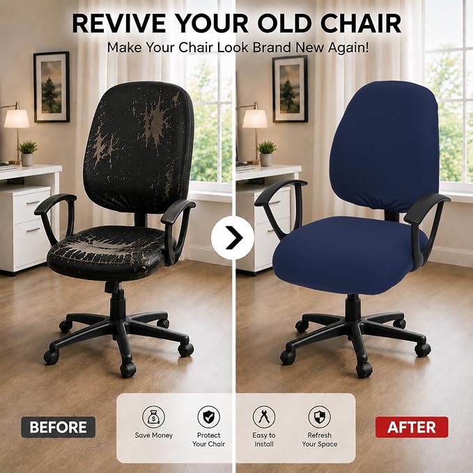DIVA EN CAMINO DEC Super Stretchable Desk Office Chair Seat Covers - Universal Spandex Computer Chair Slipcover - 180GSM Rotating Backrest Coverings Cushion Protectors for Dogs, Cats, Pets (Navy)