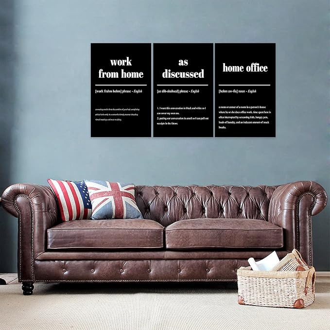 3 Piece Inspirational Canvas Wall Art, Quote "Work From Home - as Discussed - Home Office" Motivational Print Picture, Triptych Entrepreneur Poster Framed Artwork for Men Women Room Decor(72"Wx36" H)