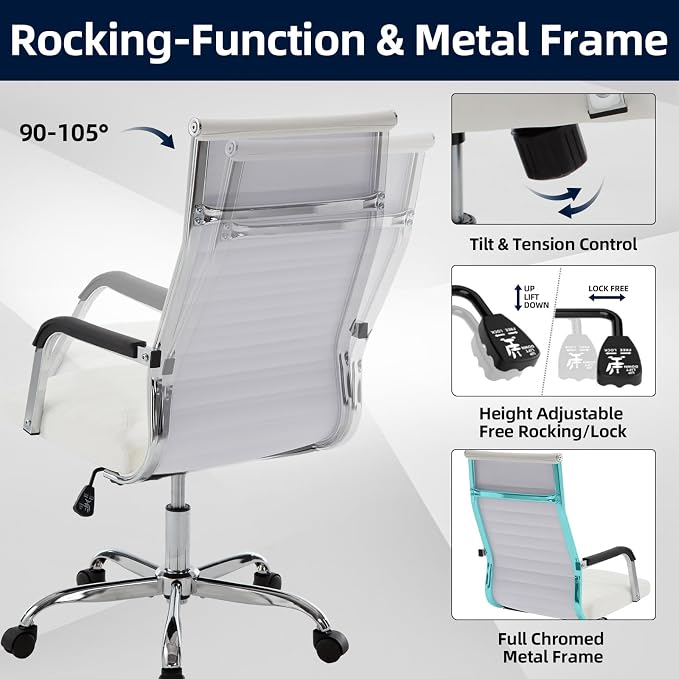 Office Chair, Ergonomic Executive Conference Room Chairs, Ribbed Leather Desk Chair with Lumbar Support, Adjustable Height Mid-Back Swivel Chair with Padded Seat