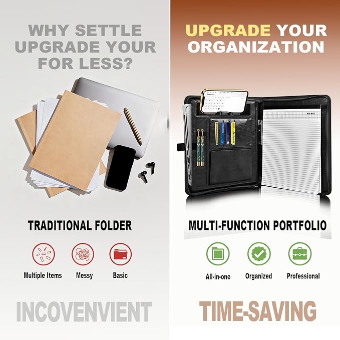 Leather Portfolio for Men and Women – Business Binder Portfolio, Professional Organizer for Men and Women, Christian Gifts, Laptop & iPad Case, Bible Notepad Holder (Black) | Christian Leather Portfolio for Men