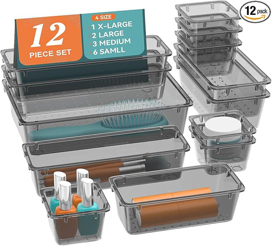 ElegantArray 12-Piece Drawer Organizer Set, 4 Sizes Versatile Plastic Vanity Organizer for Makeup, Stationery, Gadgets, in Kitchen, Bathroom, Office, and Bedroom, Black
