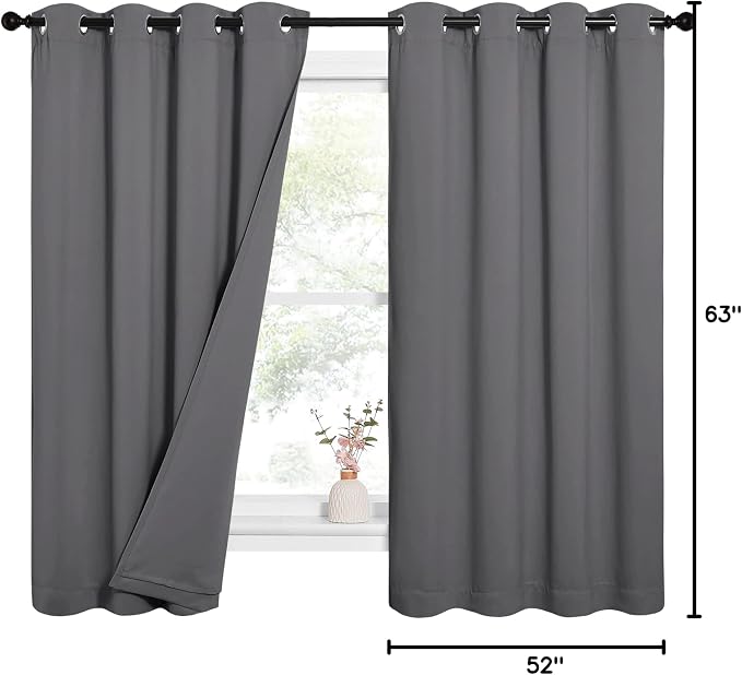 NICETOWN Noise Reduction Blackout Curtains, Thermal Insulated Full Blackout 3-Layer Lined Drapes, Energy Efficiency Window Draperies for Bedroom (Grey, 2 Panels, 52-inch W by 63-inch L)