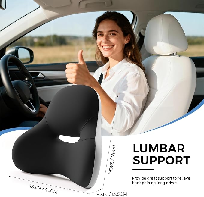 BEBAS Ergonomic Memory Foam Lumbar Support Pillow for Car & Office | Wraparound Side Wings for Back Support, Lumbar Cushion with Fixed Ring, Breathable Washable Cover, Fits Driving, Work, Black