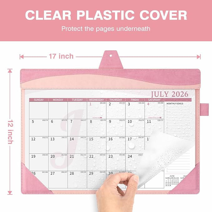 Ospelelf Desk Calendar 2026-2027 Large 12"x17" Leather Monthly Planner Pad with Protective Cover 18 Months Use July 2026 to December 2027 Pink