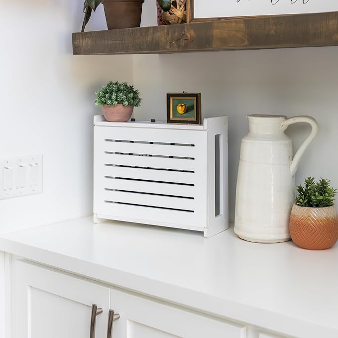 WiFi Router Storage Cabinet Router Box Hider WiFi Box Hider Shelf Cover | Standard • Pine Wood • White Finish • Seamless Side Panel Design • Fits Routers Up To 11" • Wall Mount Or Desktop Placement