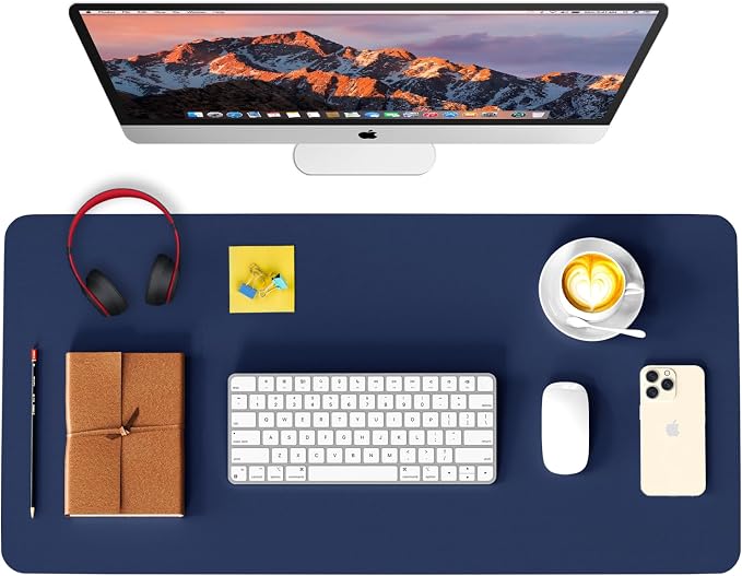 Leather Desk Pad Protector, Waterproof Mouse Pad, PU Desk Mat, Office Desk Cover, Desk Writing Mat for Office/Home/Work/Cubicle (Dark Blue) 31.5x15.7 in