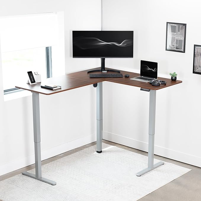 VIVO Corner Standing Desk, 63 x 55 inch Reversible L-Shaped Workstation, Electric Height Adjustment, Home, Office, and Reception Rooms, Dark Walnut Table Top Gray Frame, DESK-E3CTGD