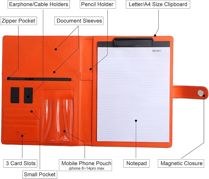 12.8 * 9.6 inch Portfolio Case Business Padfolio, Smart Phone is Usable in Document Organizer, Conference File Folder with A4/Letter Size Clipboard and Notepad - Orange